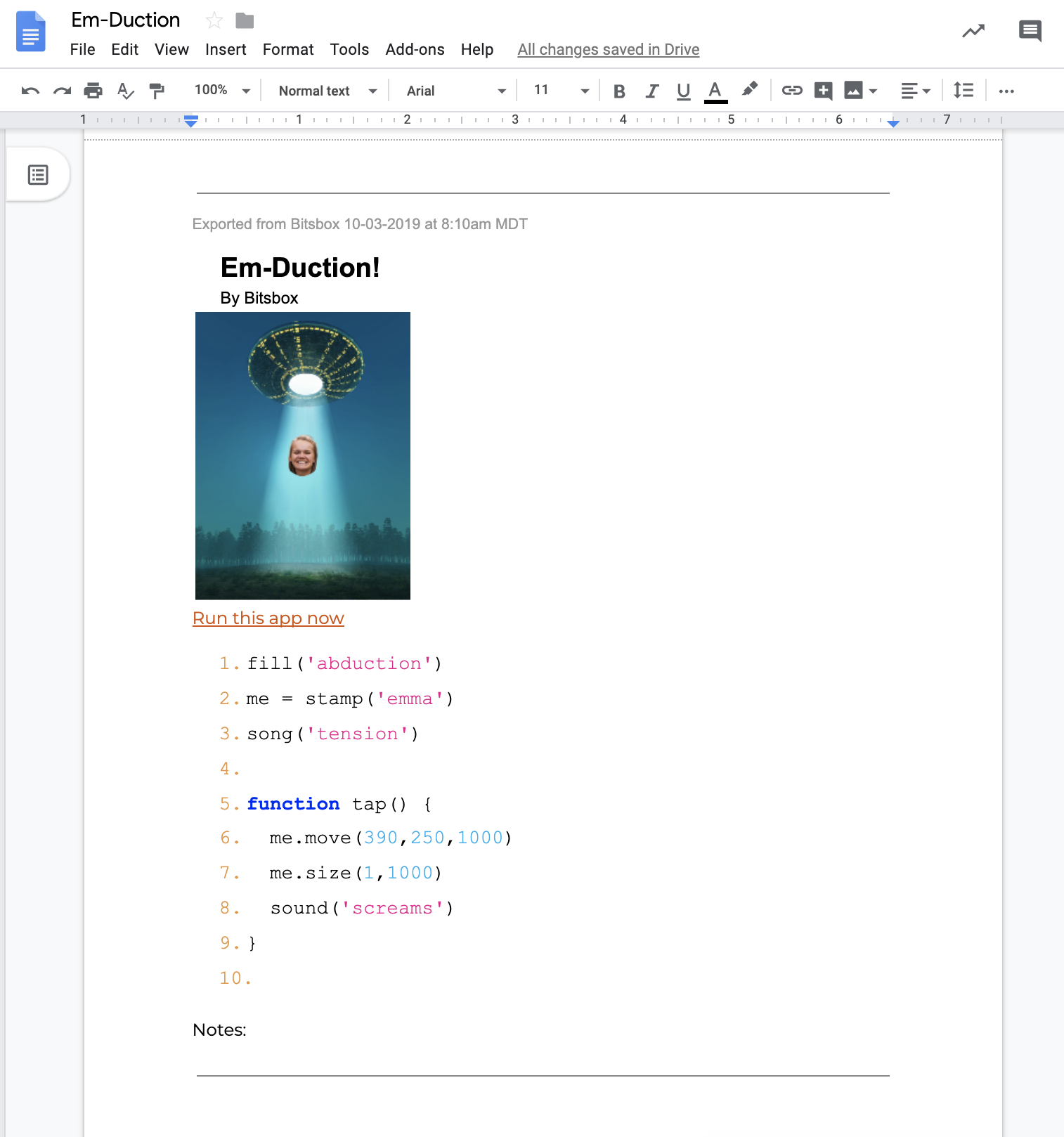 Copied app into Google Doc